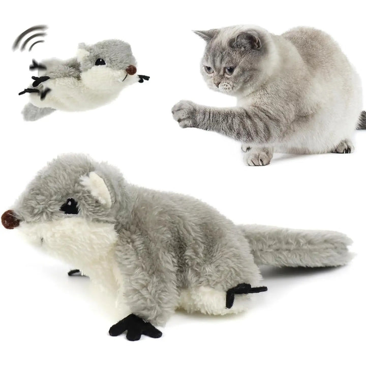 Grey plush rechargeable squirrel catnip toy with long tail and flapping feet