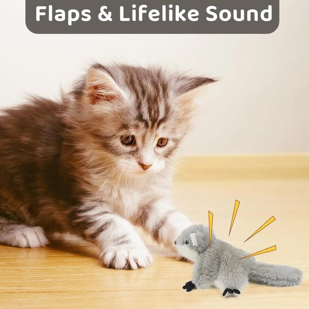 Grey plush rechargeable squirrel catnip toy with lifelike flapping body and small paws