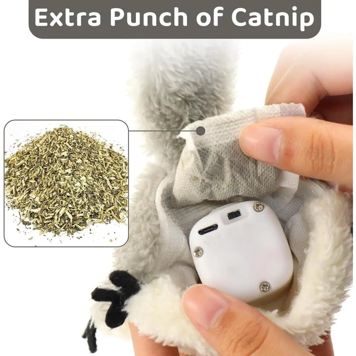 Grey plush squirrel catnip toy with catnip filling and rechargeable unit