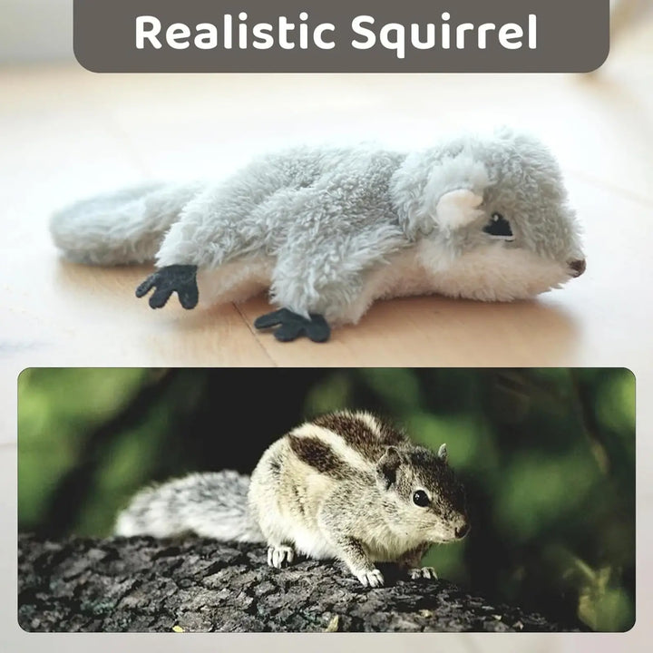 Grey realistic plush squirrel catnip toy with detailed face and black felt feet
