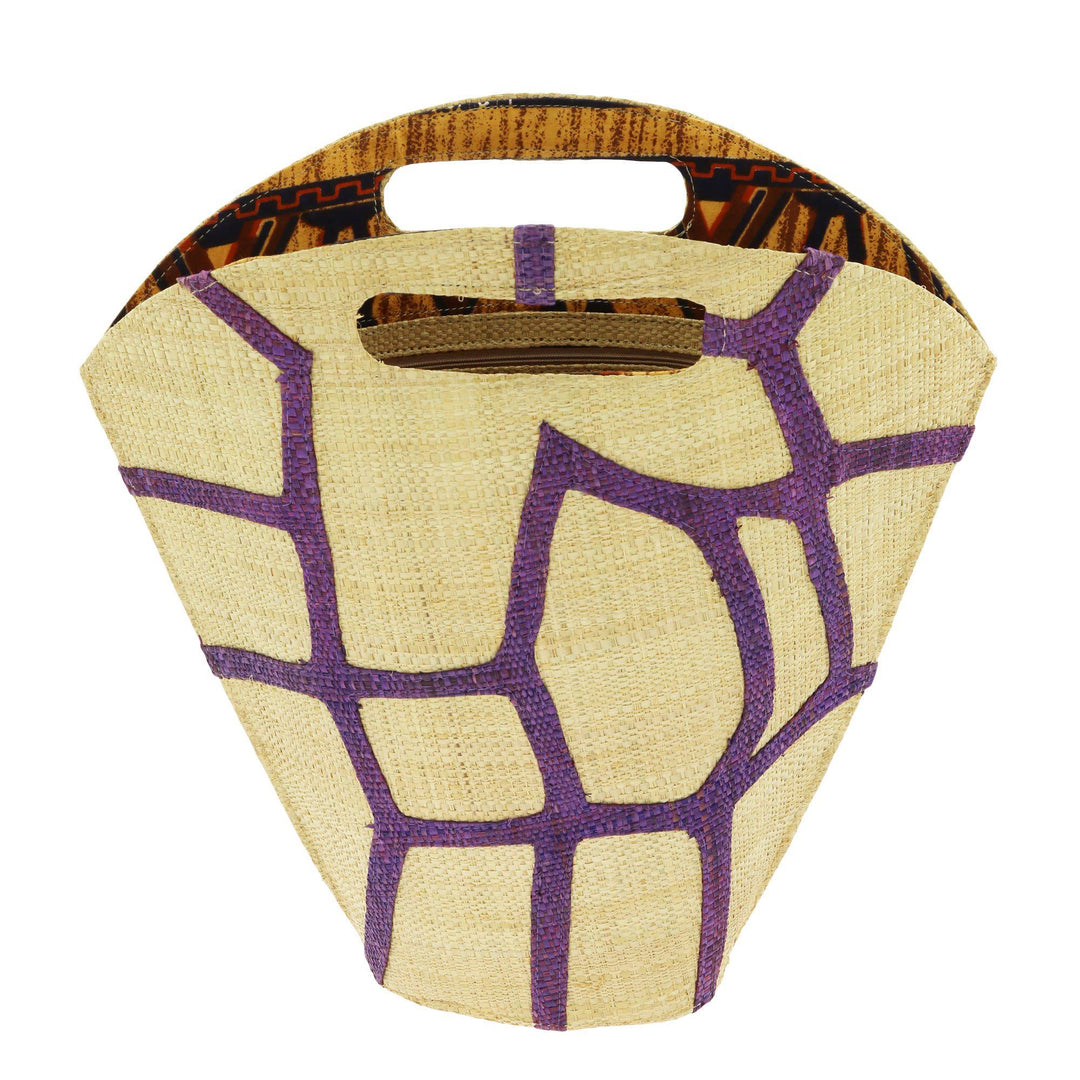 Raffia tote bag with purple geometric lattice print and top handle
