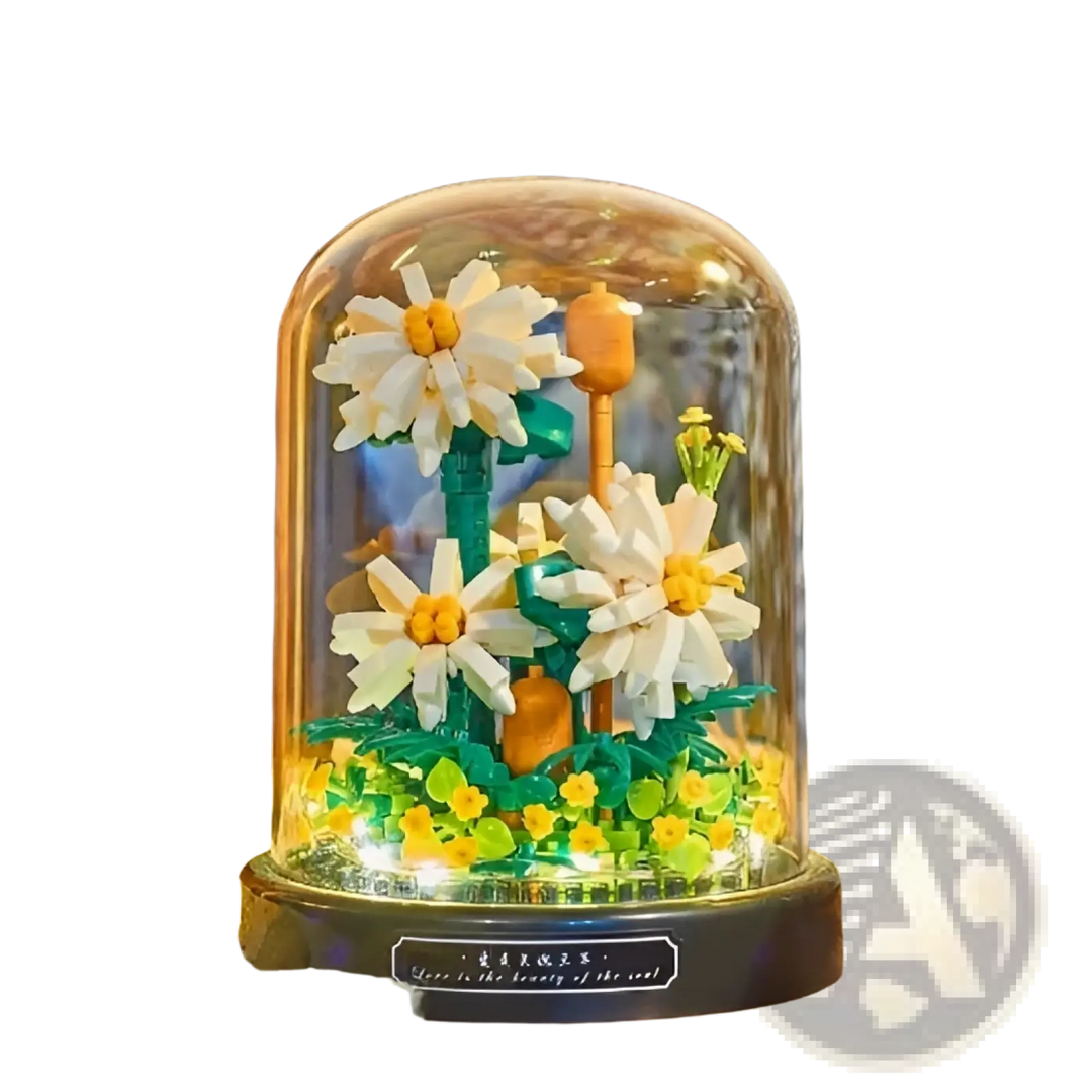 White daisy building block bouquet under clear glass dome on dark base