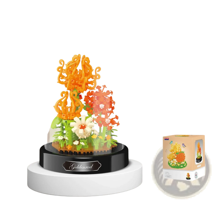 Glass-domed floral building block bouquet with orange flowers and green stems