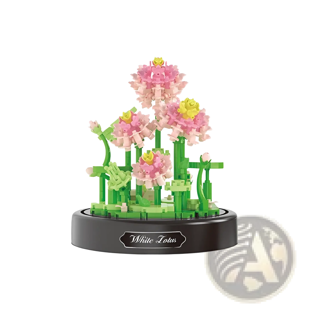 Pink and yellow flower building block bouquet on green stems with dark base