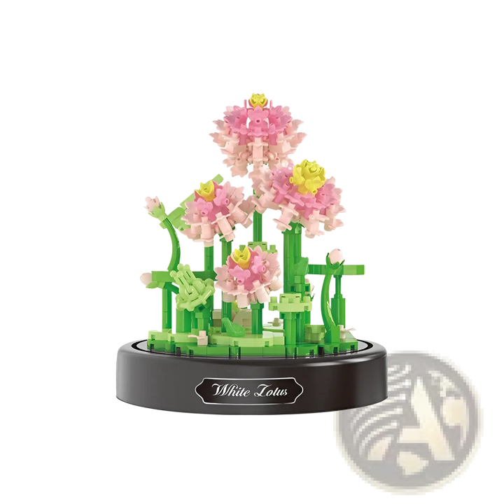 Pink and yellow flower building block bouquet on green stems with dark base