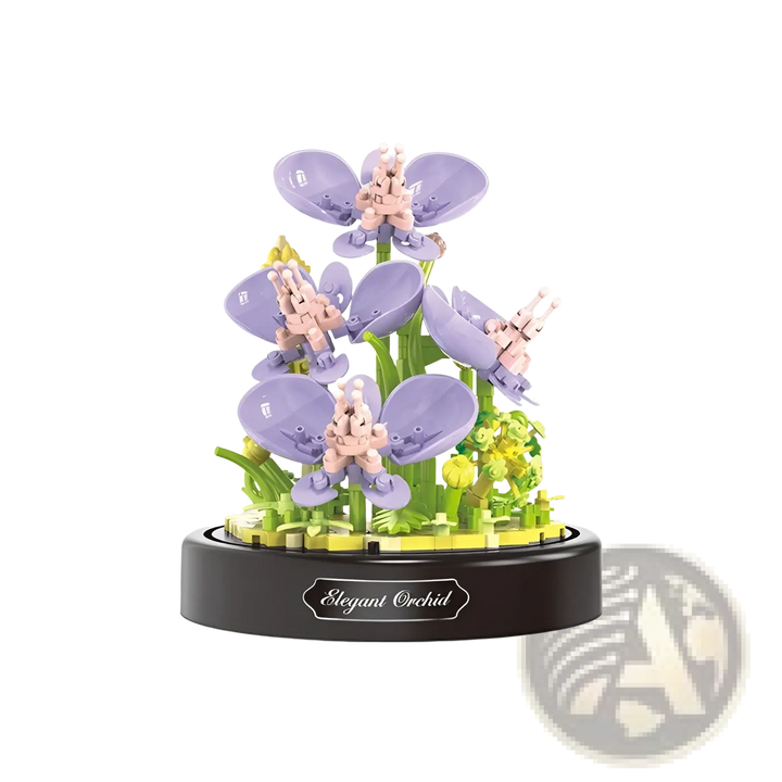 Purple and pale pink flower building block bouquet on green stems with dark base