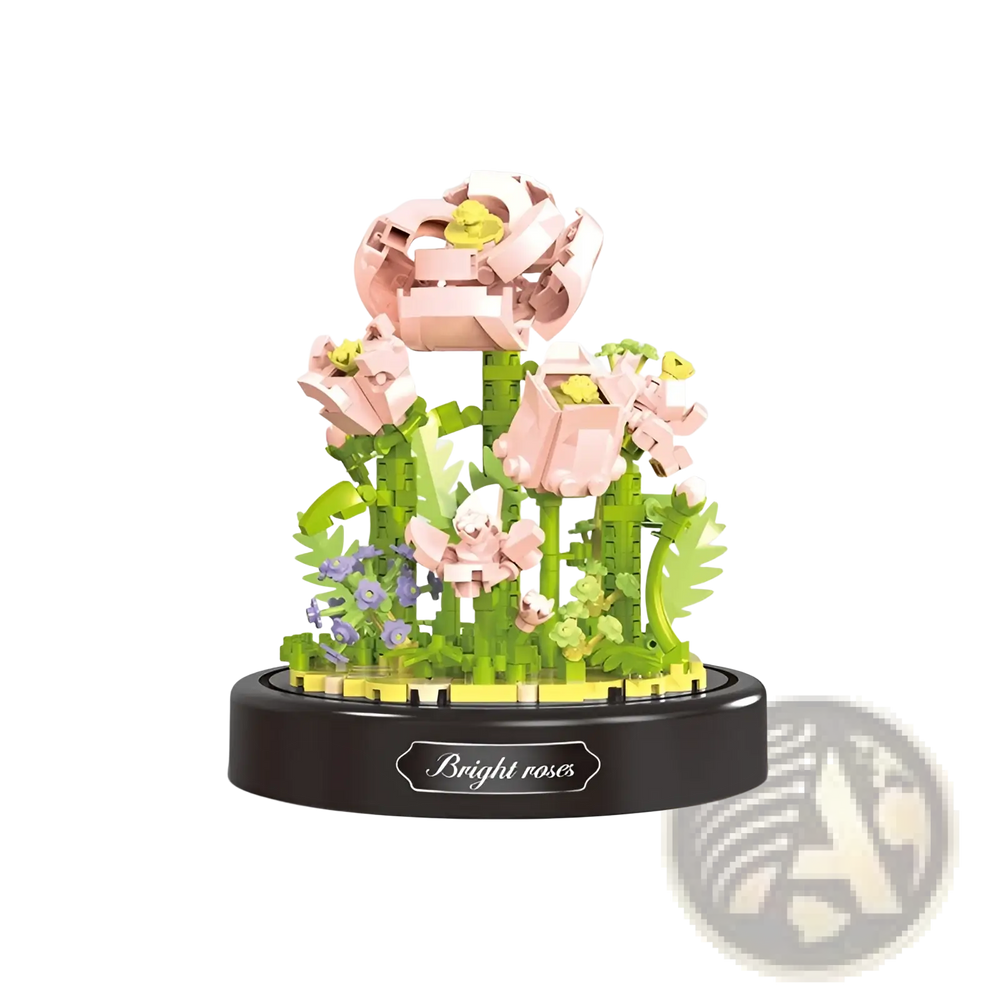 Glass-domed floral building block bouquet with pink and yellow flowers