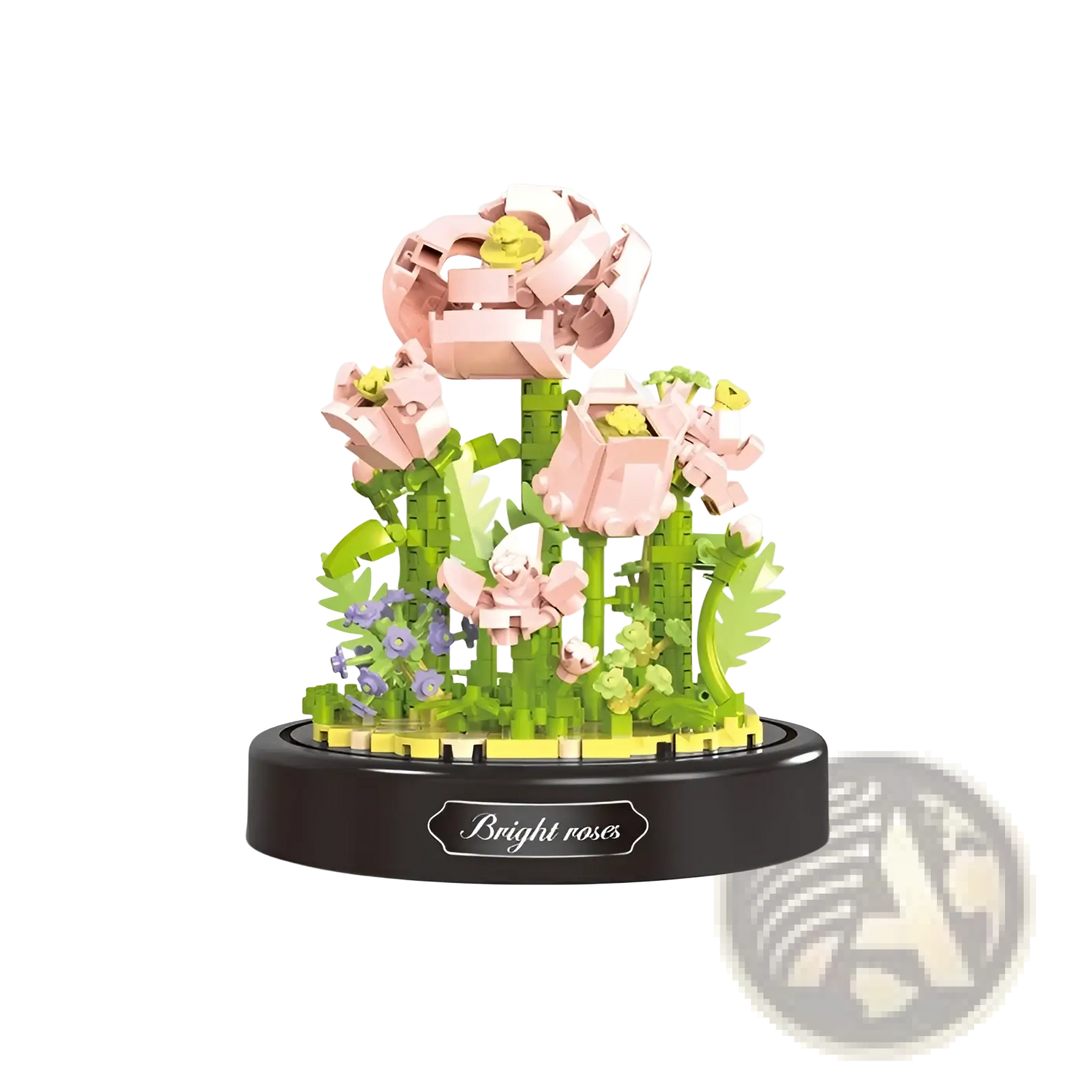 Glass-domed floral building block bouquet with pink and yellow flowers