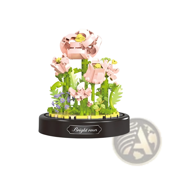 Glass-domed floral building block bouquet with pink and yellow flowers