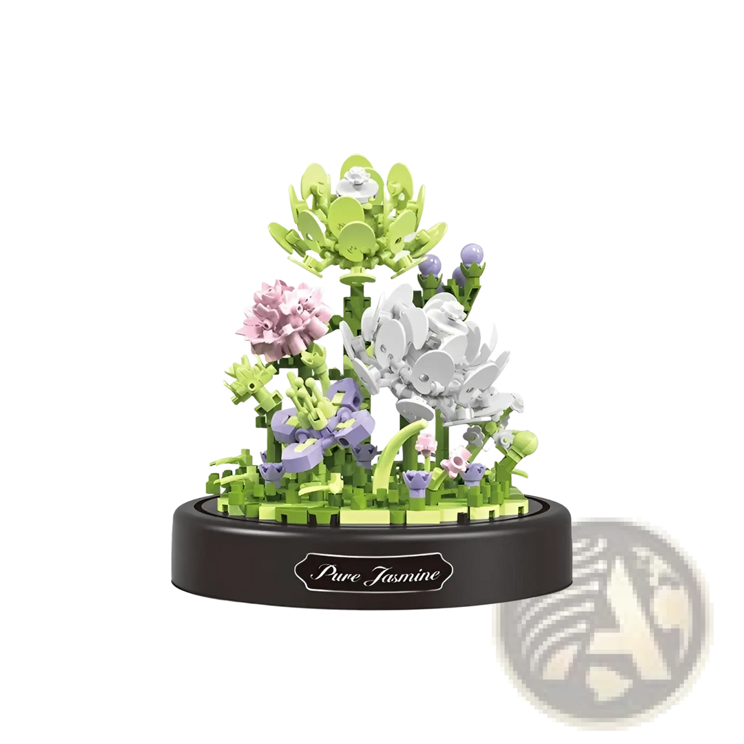 Glass-domed floral building block bouquet with white and pastel flowers
