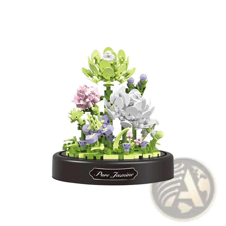 Glass-domed floral building block bouquet with white and pastel flowers