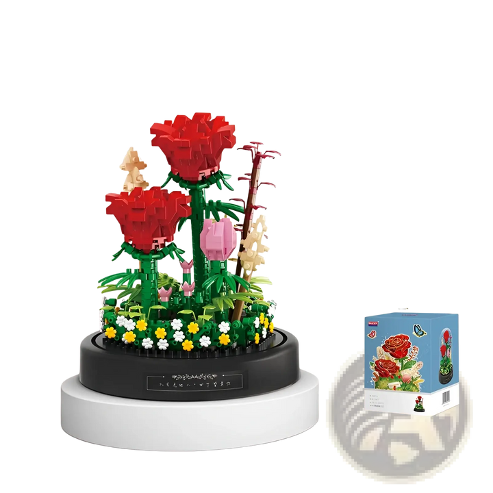 Red, pink, and white flower building block bouquet on green stems with dark base