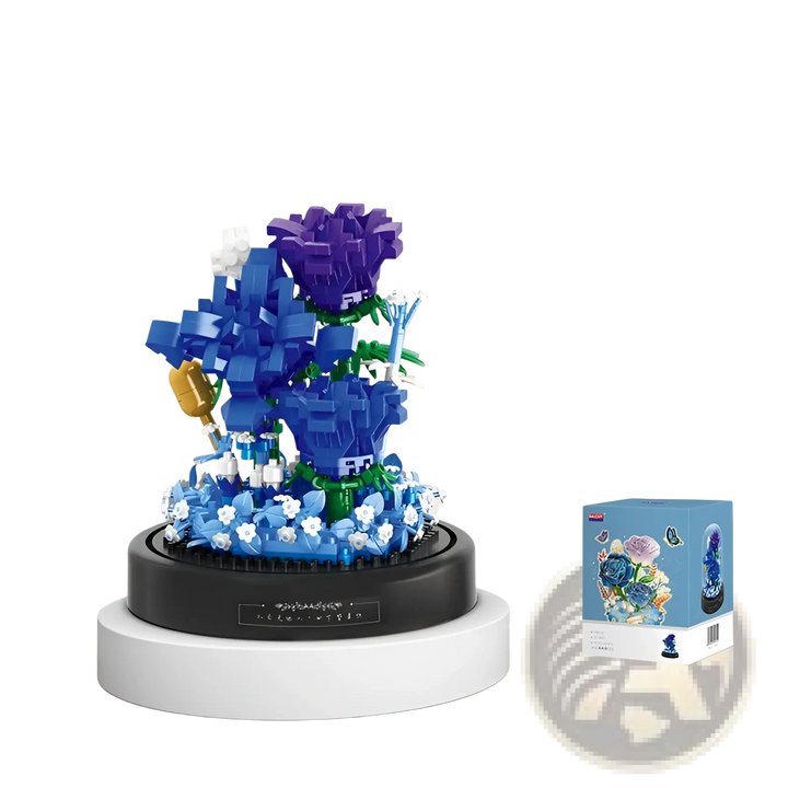 Blue and purple flower building block bouquet on green stems with dark base