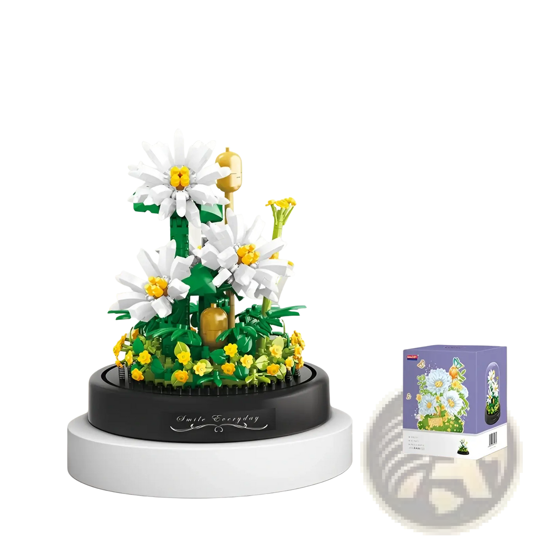 White daisy flower building block bouquet with yellow centers on green stems