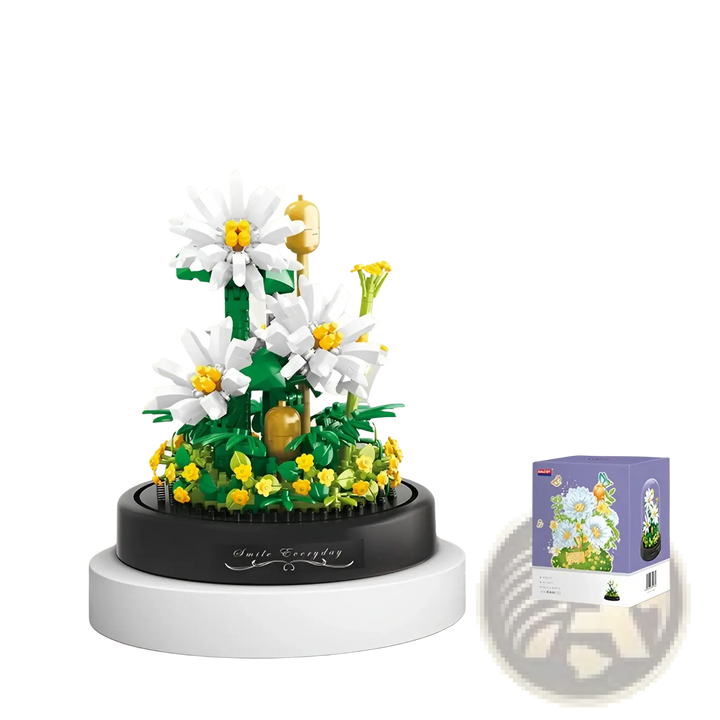 White daisy flower building block bouquet with yellow centers on green stems
