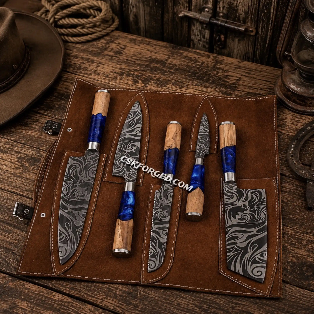 Knife set with blue epoxy ash wood handles, etched blades, in leather roll