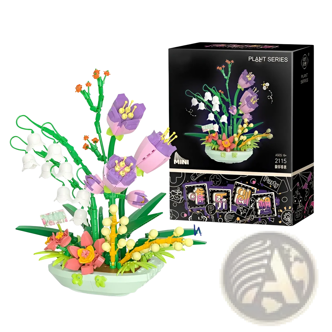 Flower building block set with purple flowers and white blossoms, shown next to the black box