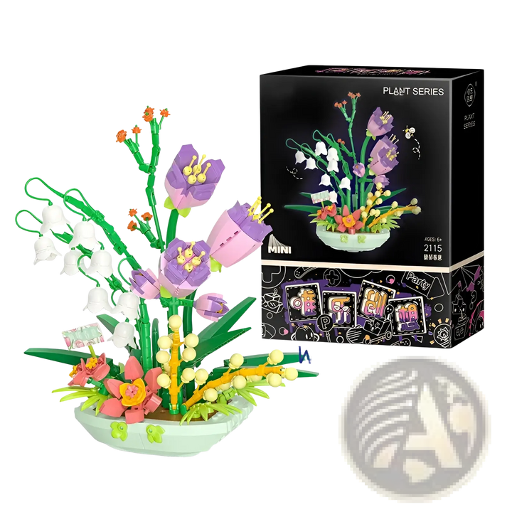 Flower building block set with purple flowers and white blossoms, shown next to the black box