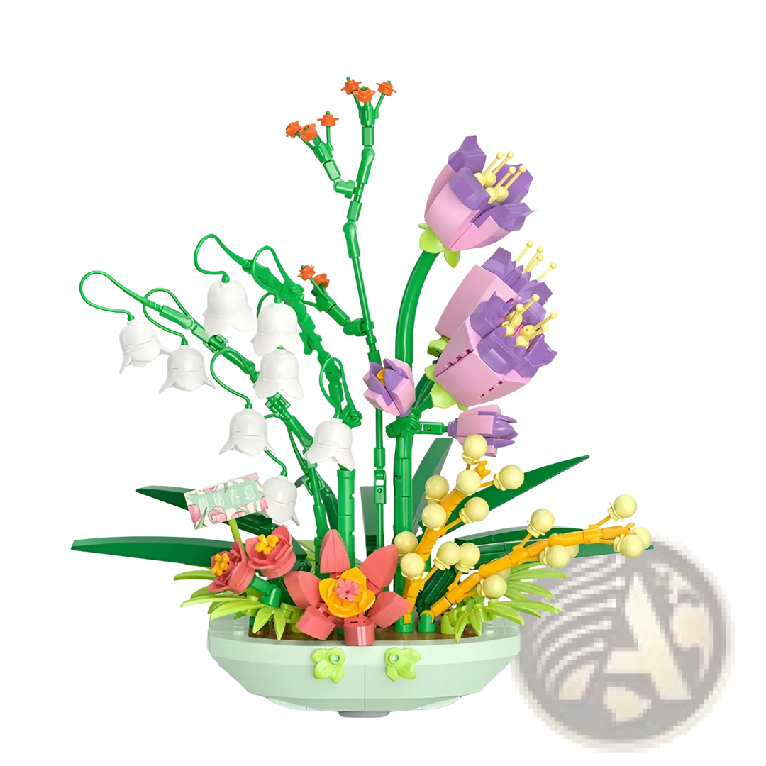 Flower building block set featuring purple and white flower pieces with green stems and yellow beads