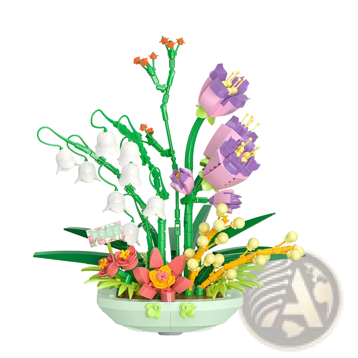 Flower building block set featuring purple and white flower pieces with green stems and yellow beads