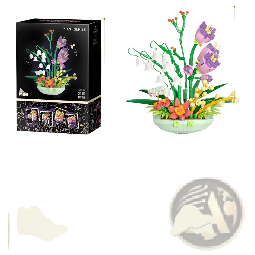 Flower building block set with purple flowers and white blossoms, shown with a black package and coin