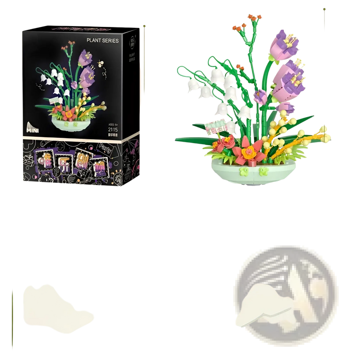 Flower building block set with purple flowers and white blossoms, shown with a black package and coin