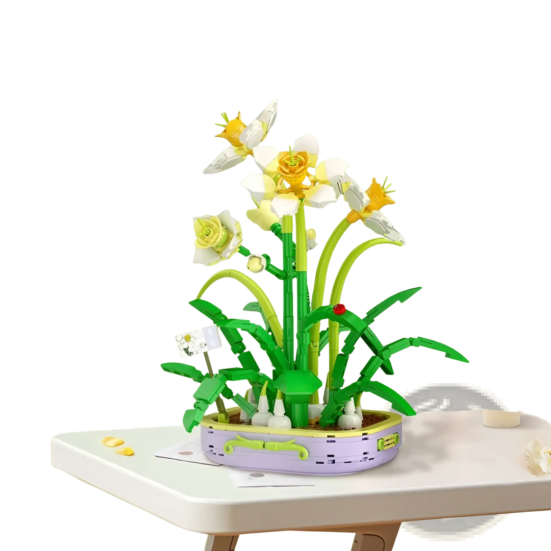 Flower building block set with yellow blossoms and green stems on a circular base
