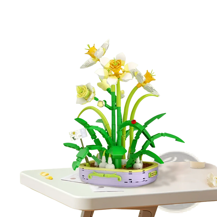Flower building block set with yellow blossoms and green stems on a circular base