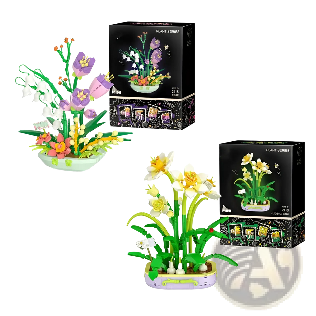 Flower building block set with purple bouquet on the left and a yellow flower set on the right