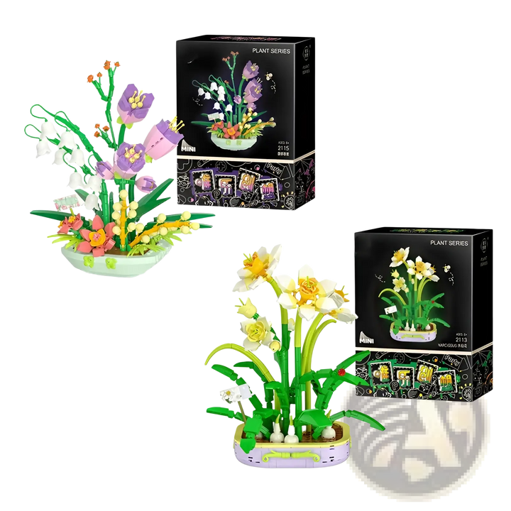 Flower building block set with purple bouquet on the left and a yellow flower set on the right
