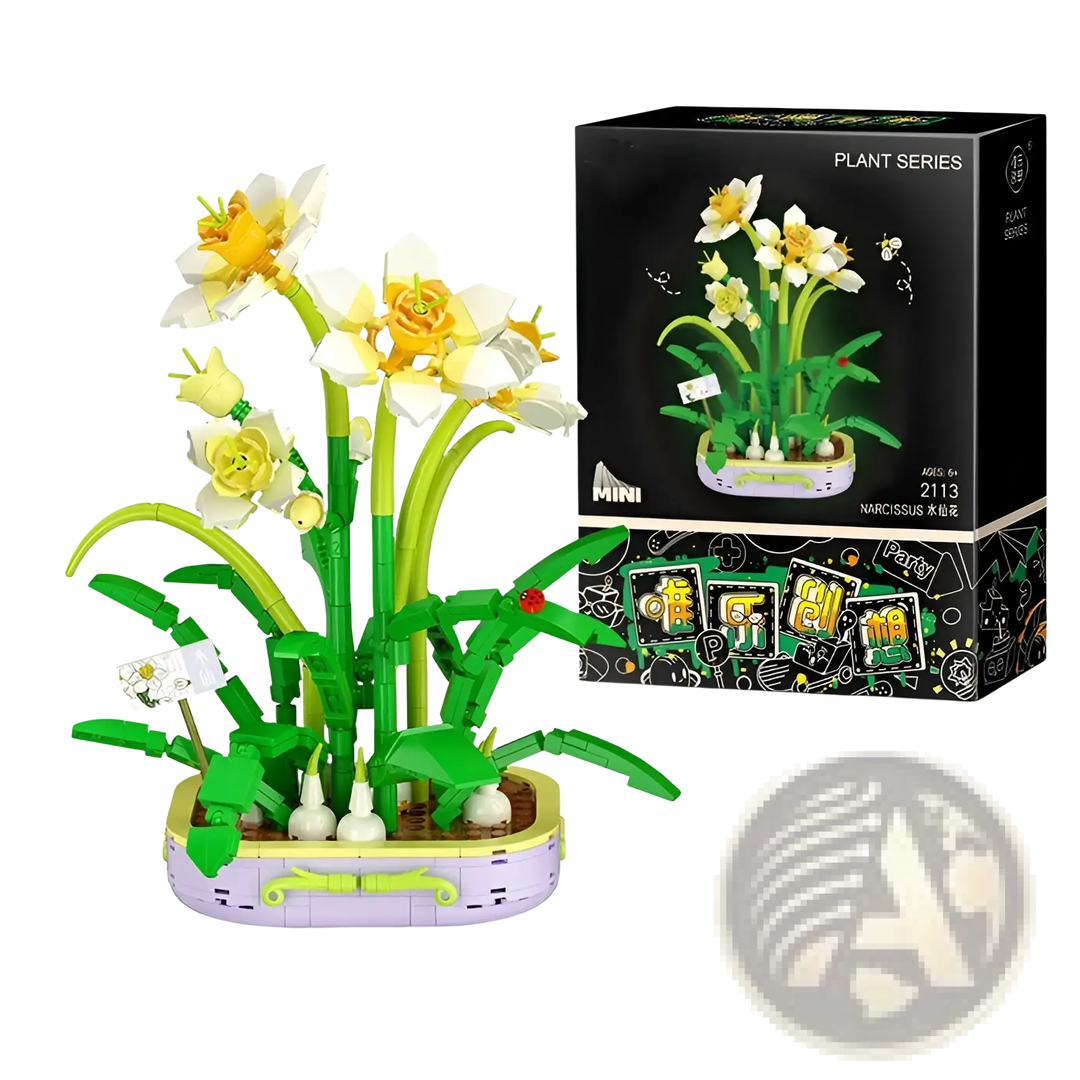 Flower building block set with yellow daffodil-like blossoms and green stems in a round base