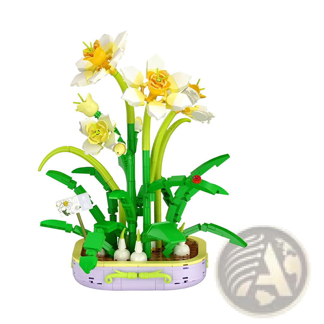 Flower building block set with yellow flower heads and green stems in a round tray