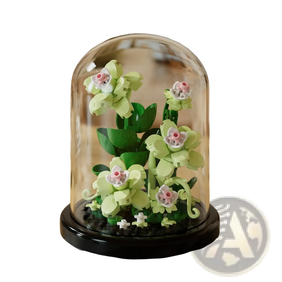 Flower building blocks under glass dome display case with green stems and pink flower heads