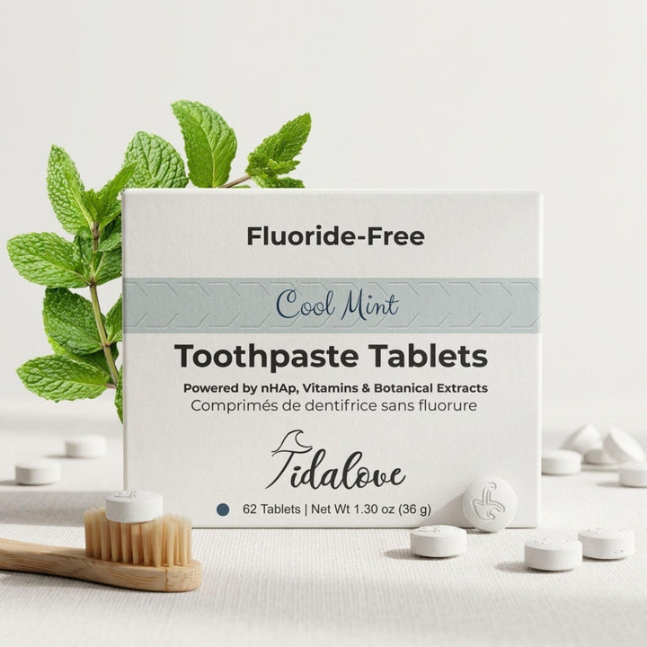 Fluoride-free cool mint toothpaste tablets in white box with mint leaves