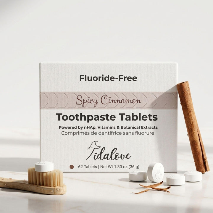 Fluoride-free toothpaste tablets starter kit with box, tin, tablets, and cinnamon sticks
