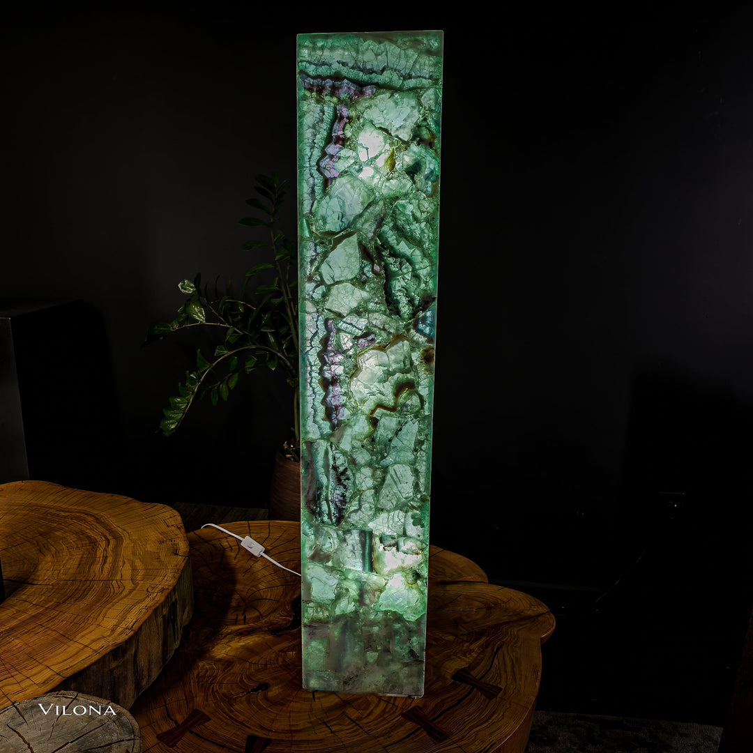 Tall square fluorite floor lamp with green translucent stone texture and purple veining