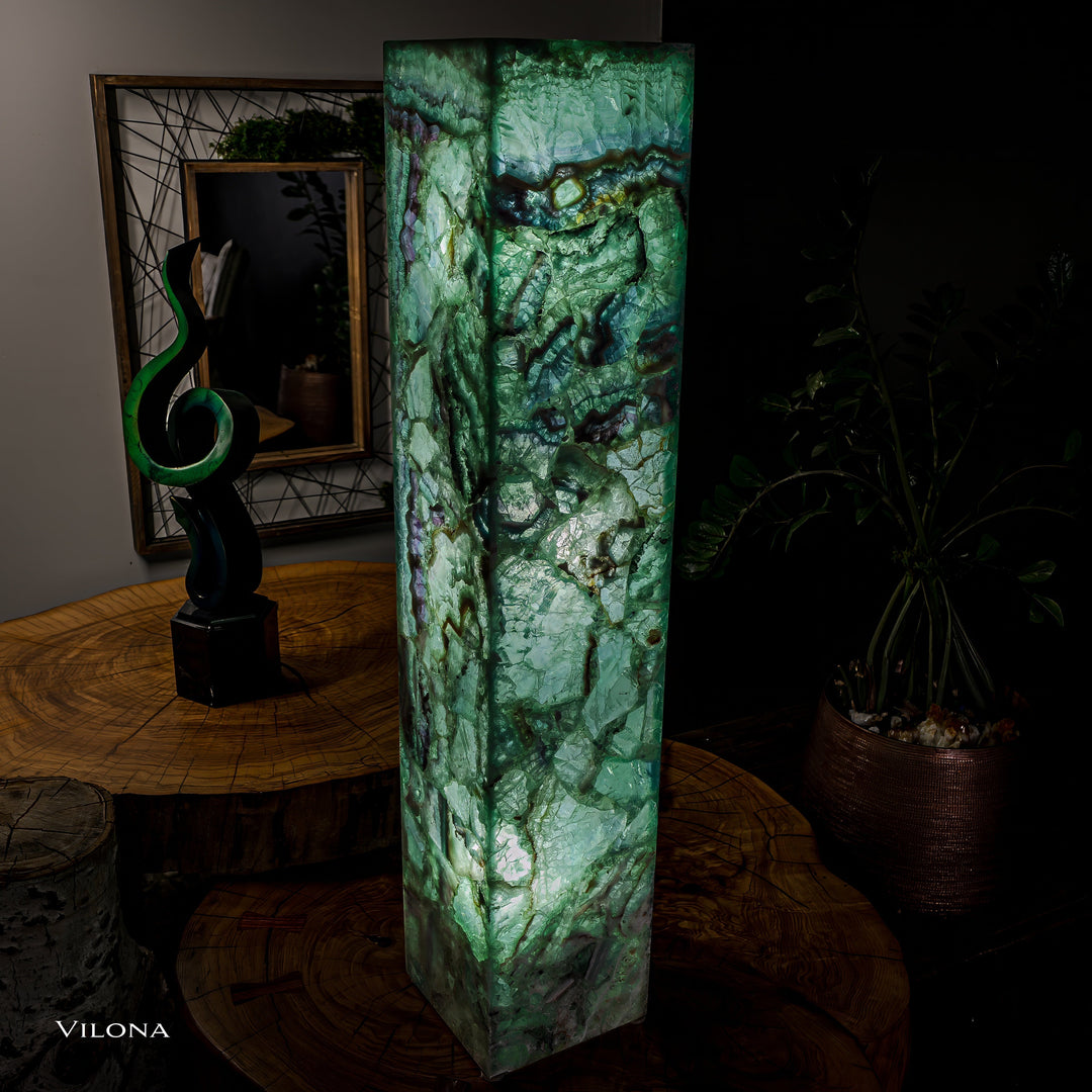 Square fluorite floor lamp with green translucent stone shade and dark veining throughout