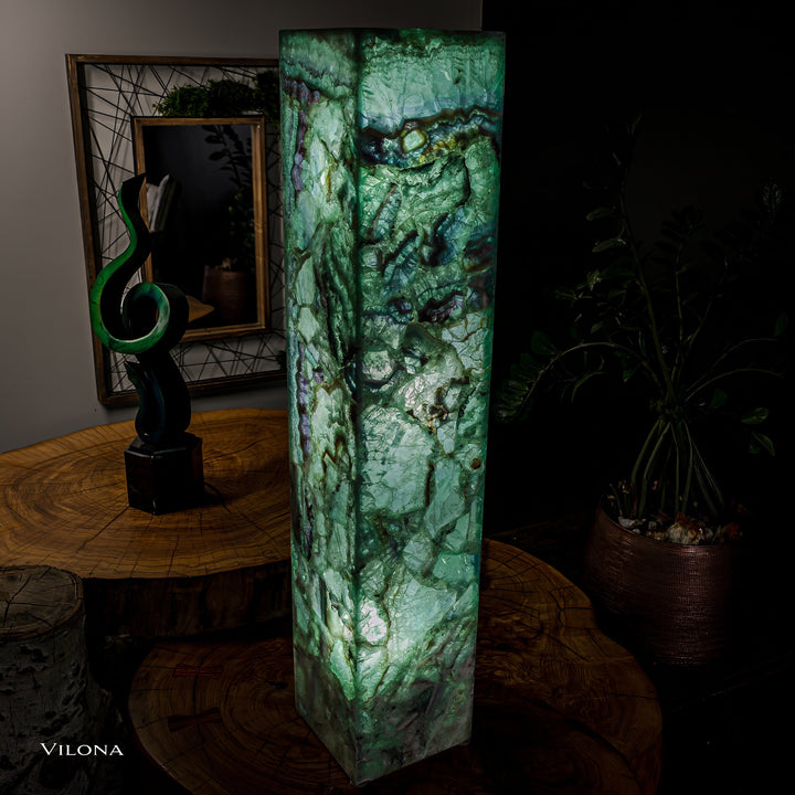 Square fluorite floor lamp with green translucent stone shade and dark veining throughout