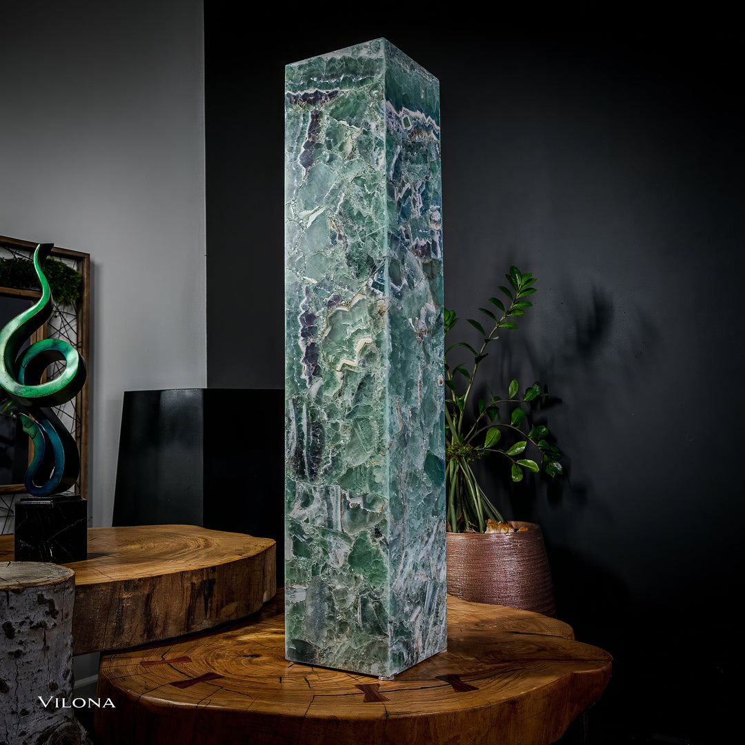Small fluorite floor lamp with tall square column shade, swirling green-blue stone pattern