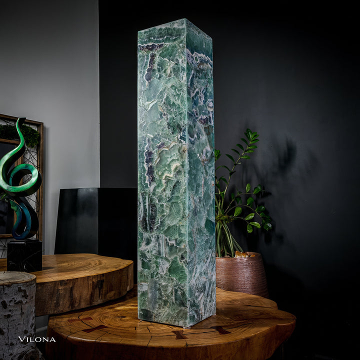 Small fluorite floor lamp with tall square column shade, swirling green-blue stone pattern