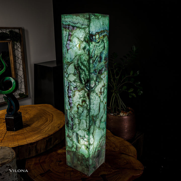 Small square fluorite floor lamp with green translucent stone column and hints of purple