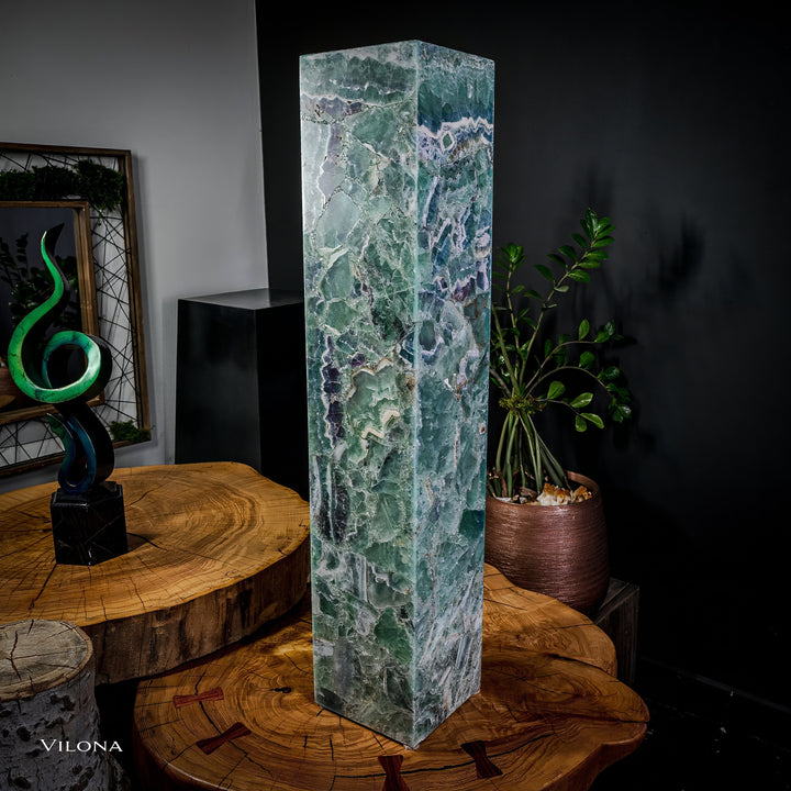 Small fluorite floor lamp with tall square glass shade, green and blue veining