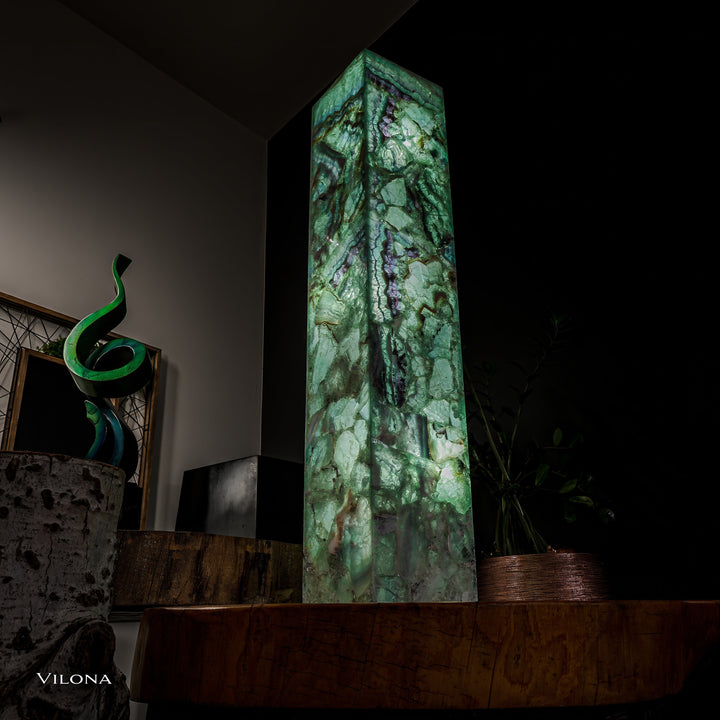 Square fluorite floor lamp with green translucent stone panels and deep purple streaks