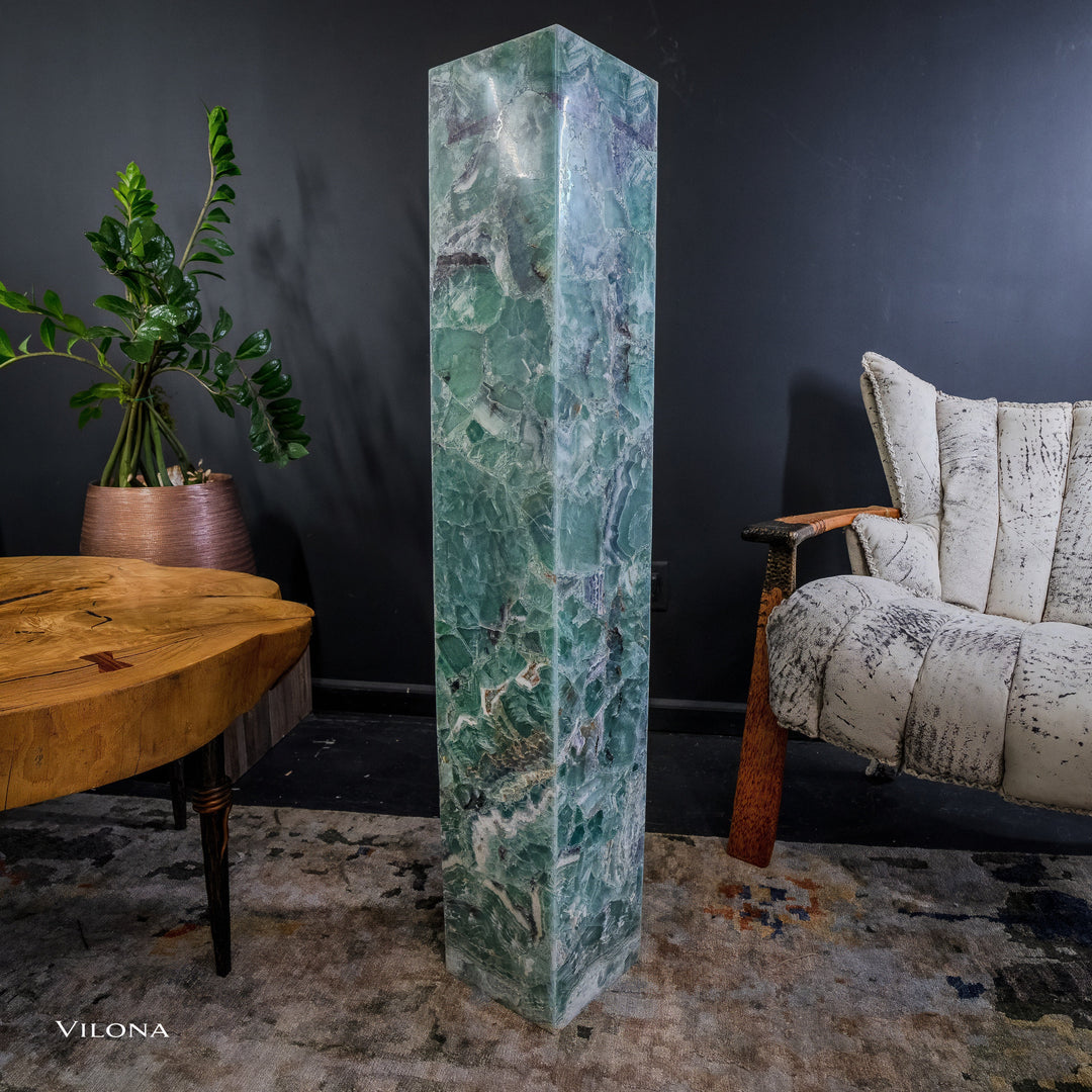 Fluorite floor lamp, tall square prism with translucent green fluorite and purple highlights
