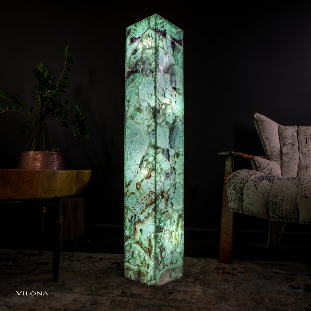 Medium fluorite floor lamp featuring a glowing green square prism with detailed stone veining