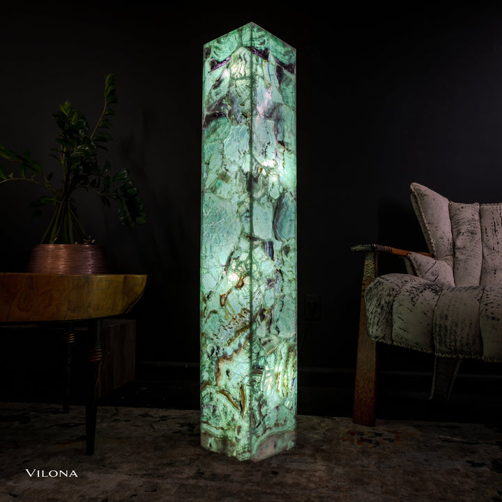 Medium fluorite floor lamp featuring a glowing green square prism with detailed stone veining