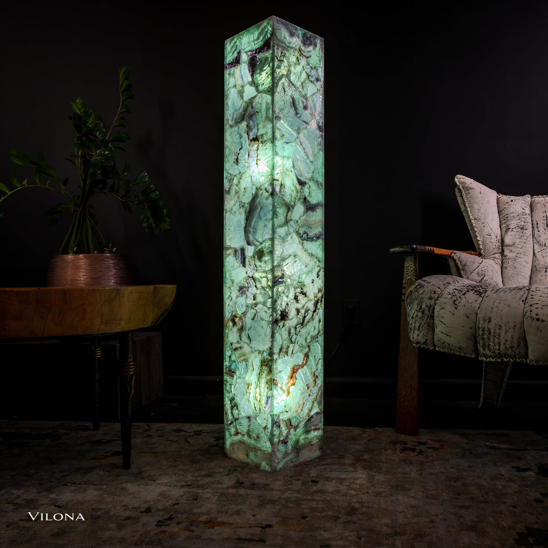 Medium fluorite floor lamp, glowing green square prism standing upright