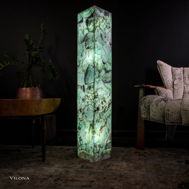 Medium fluorite floor lamp, glowing green square prism standing upright