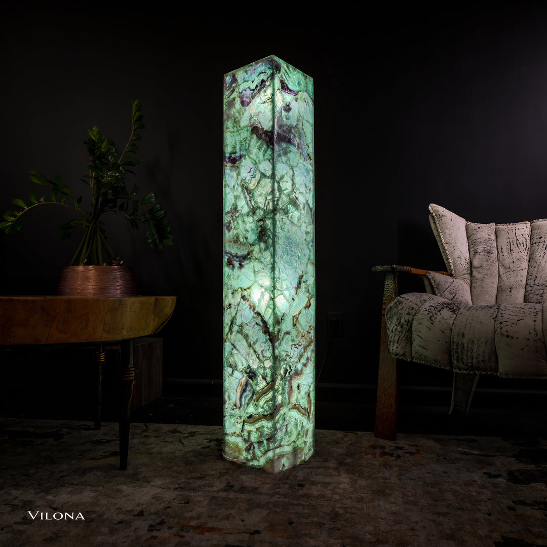 Medium fluorite floor lamp with glowing green square prism body and base