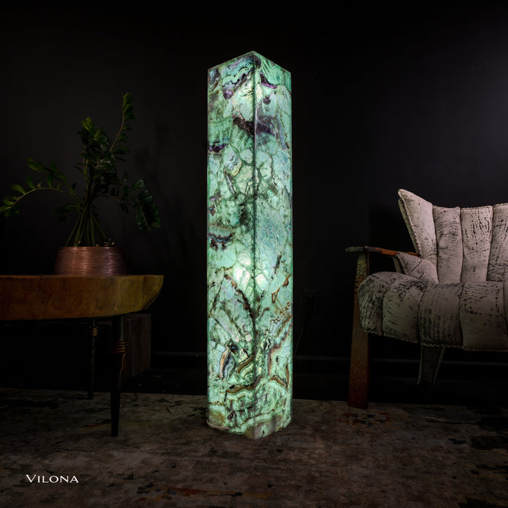 Medium fluorite floor lamp with glowing green square prism body and base